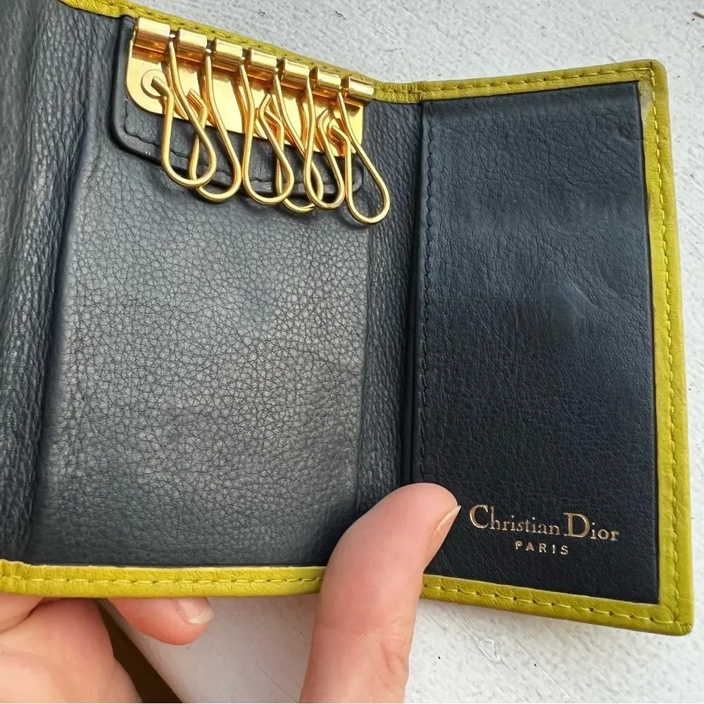 Christian Dior Key Holder, CD Compact Wallet Olive Green/Yellow Authentic